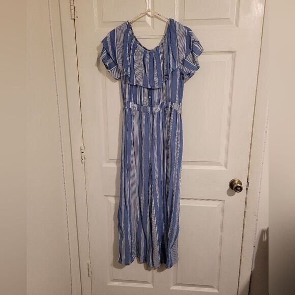 THML stripped print ruffled trim jumpsuit - Picture 1 of 5